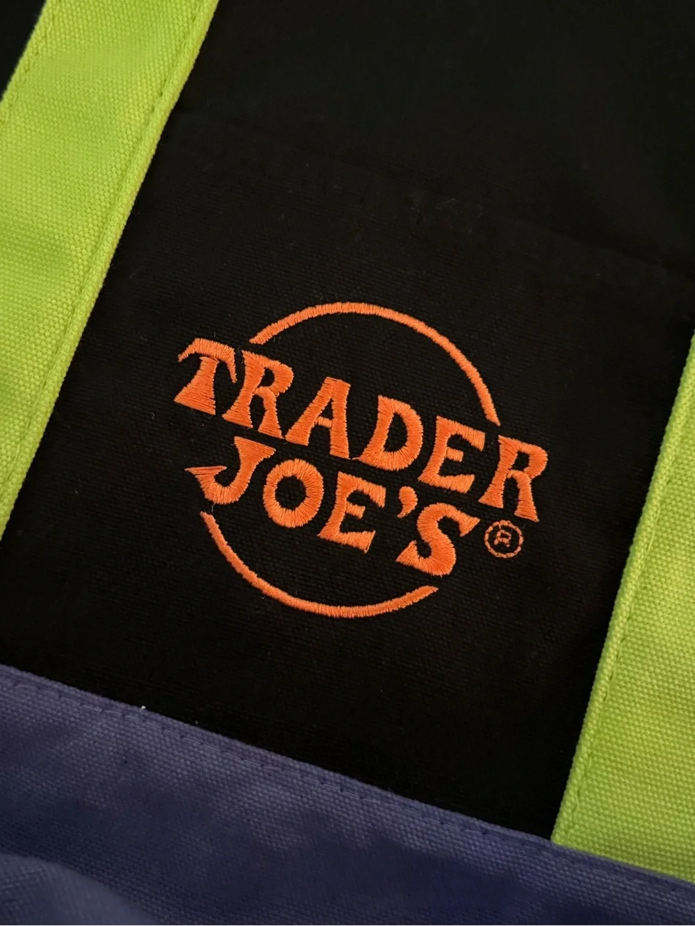 Trader Joe's Black Tote with Lime Handles and Purple Base viral tote